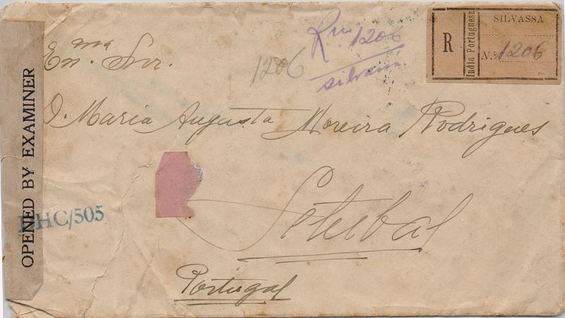 3101 v.jpg -     Lote:    3101 (verso)      Lotes pelo Correio              Descrição:         1933 &mdash; Padrões. Sobrescrito circulado de Silvassa (20.09.40) para Setúbal (26.02.41), com selo de 6 reis CE337 + par de 3Tgs CE342. Censurasa. Carimbo batido a preto "CORREIOS / SILVASSA".        Carta       Valor Base:     &euro; 10,00     Valor Venda:     &euro;      